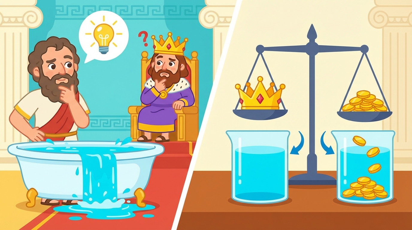 Cartoon illustration of Archimedes sitting in an ancient Greek bathtub with water splashing out onto the floor, looking surprised and happy, with a thought bubble showing a crown.