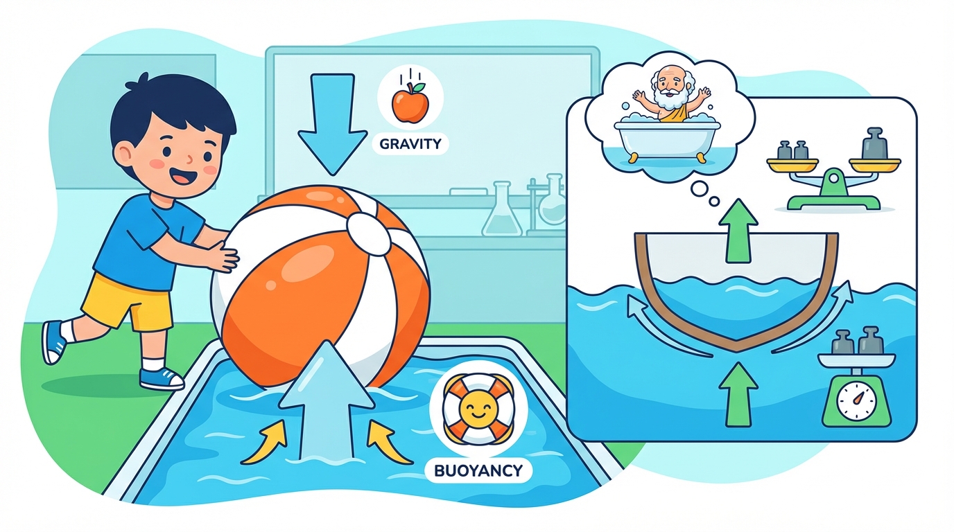 Cartoon illustration showing a bathtub. On the left, a heavy rock sinks to the bottom. On the right, a rubber duck floats. Arrows show 'Gravity' pulling down and 'Buoyancy' pushing up.