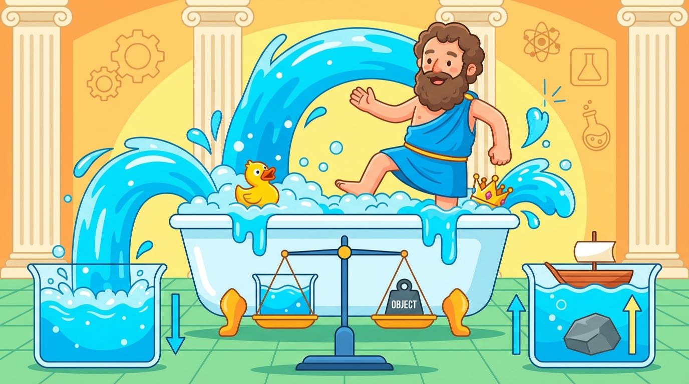 A diagram showing a rock being lowered into a beaker of water. As the rock enters, water spills out of a spout into a measuring cup on a scale, showing that the weight of the spilled water equals the upward force.