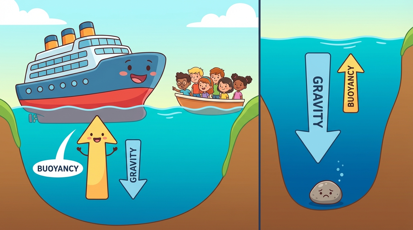 Illustration showing a split screen: on the left, a rock sinking with a large down arrow (gravity); on the right, a rubber duck floating with a large up arrow (buoyancy) in a bathtub.