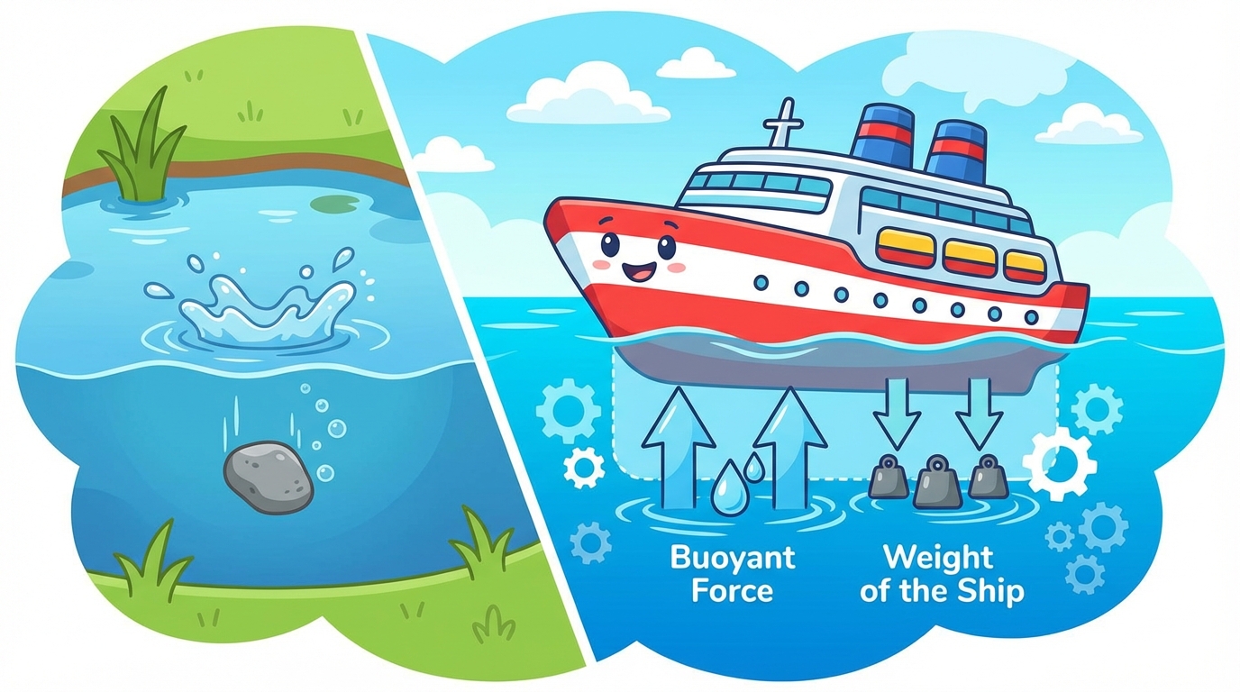 A split illustration showing a solid steel cube sinking to the bottom on the left, and a large, hollow steel ship hull floating on the right, with arrows indicating the upward force of water.