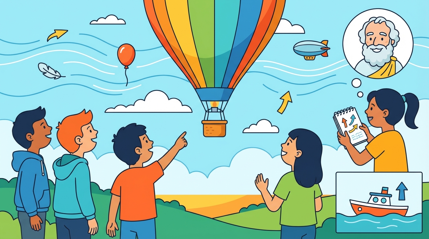 Illustration showing a colorful hot air balloon rising next to a helium party balloon, with arrows indicating 'Buoyant Force' pushing up and 'Gravity' pulling down.
