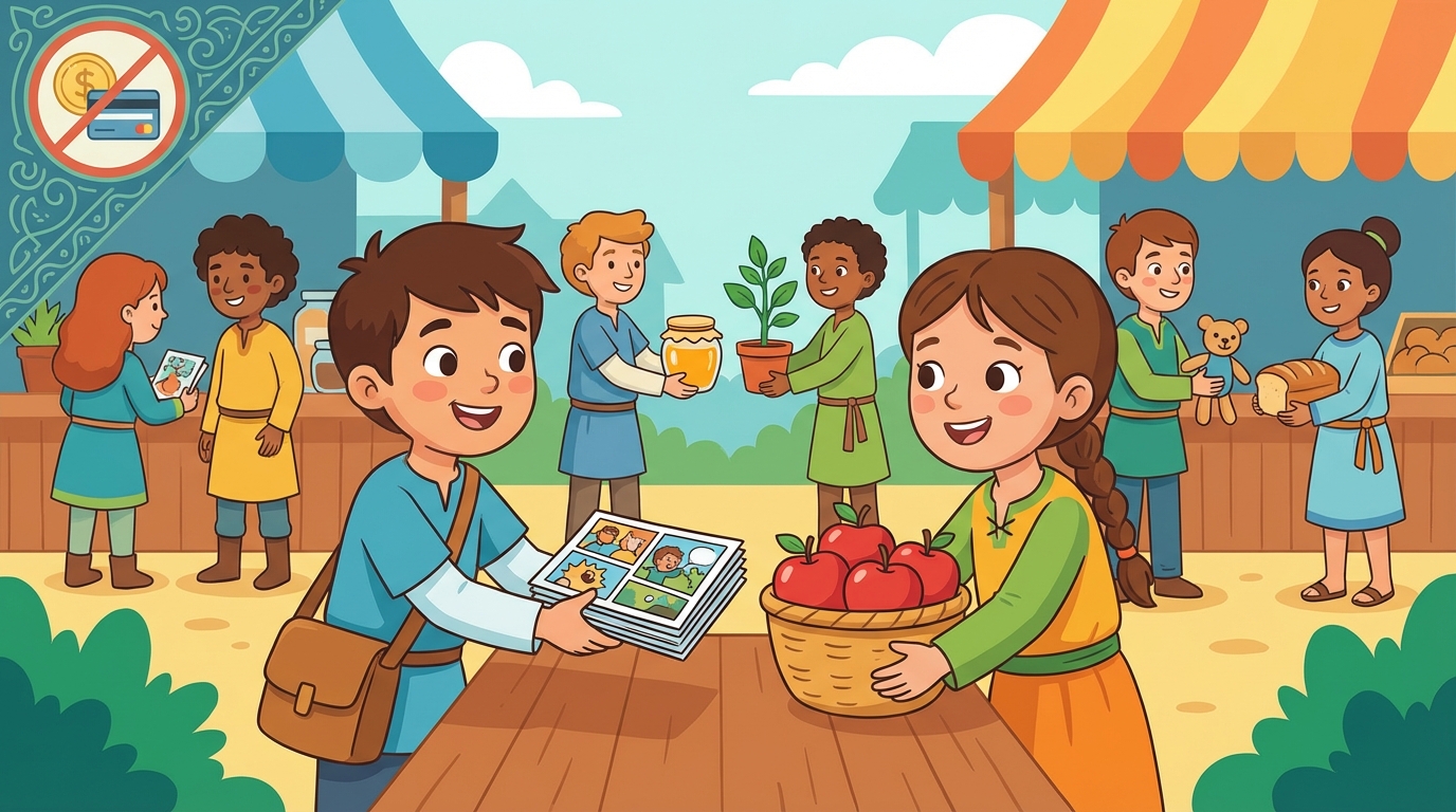 A colorful illustration showing two students in a school cafeteria trading a red apple for a chocolate chip cookie, with happy expressions showing they are both satisfied.