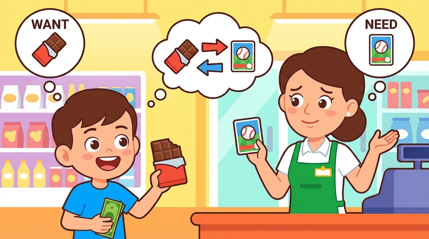 A cartoon illustration split in half. On the left, a sad boy holding a chicken looks at a girl holding corn, but thought bubbles show they want different things. On the right, they are smiling and shaking hands because their items match.