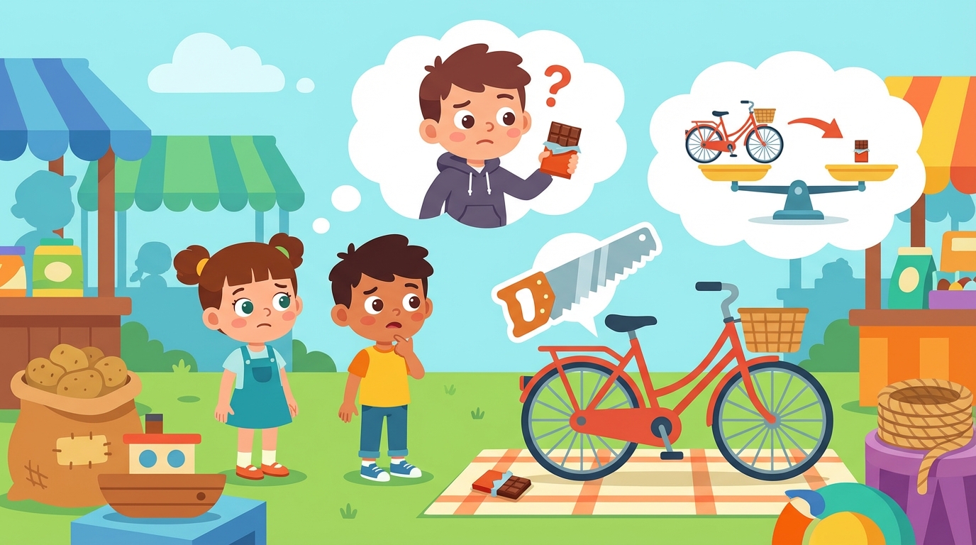 A cartoon illustration split in half. On the left, a farmer looks confused holding a saw next to a cow. On the right, two people are arguing over how many chickens equal one goat.