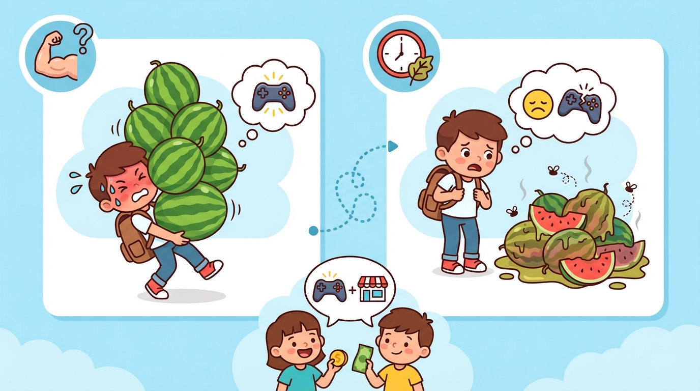 A cartoon illustration split in half. On the left, a struggling farmer tries to push a stubborn cow and a wagon of rotting fruit towards a market. On the right, a happy child walks easily with a single coin in their pocket.