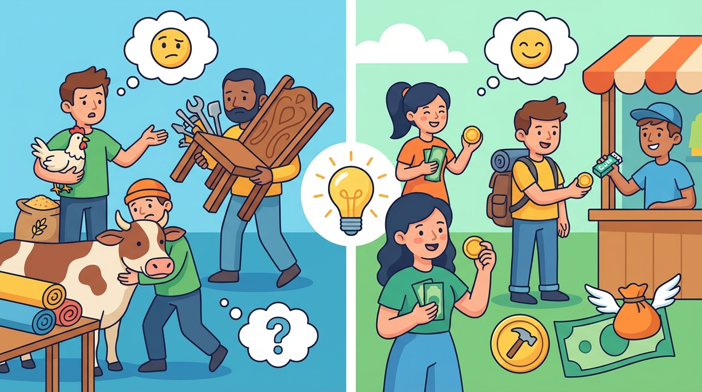 A split illustration: On the left, a frustrated person trying to carry a heavy cow into a store. On the right, a happy person holding a small gold coin to buy the same item.