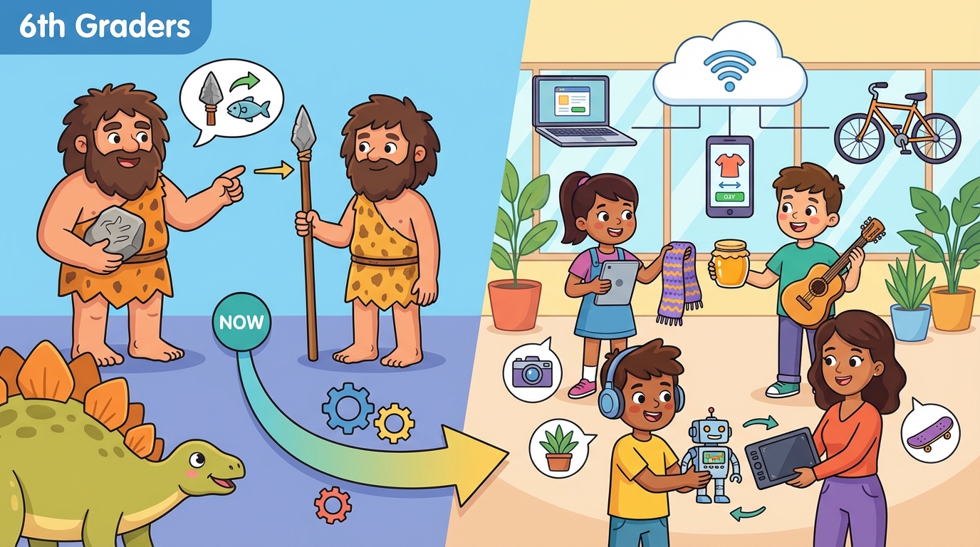 A split-screen illustration: on the left, two children trading video games; on the right, a computer screen showing a 'Swap Successful' message.