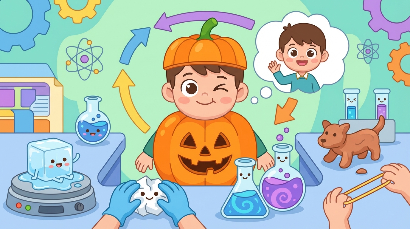 A split illustration showing three examples of physical changes: an ice cube melting into a puddle of water, a pencil being broken in half, and a sheet of paper being crumpled into a ball. All items retain their original color and texture.