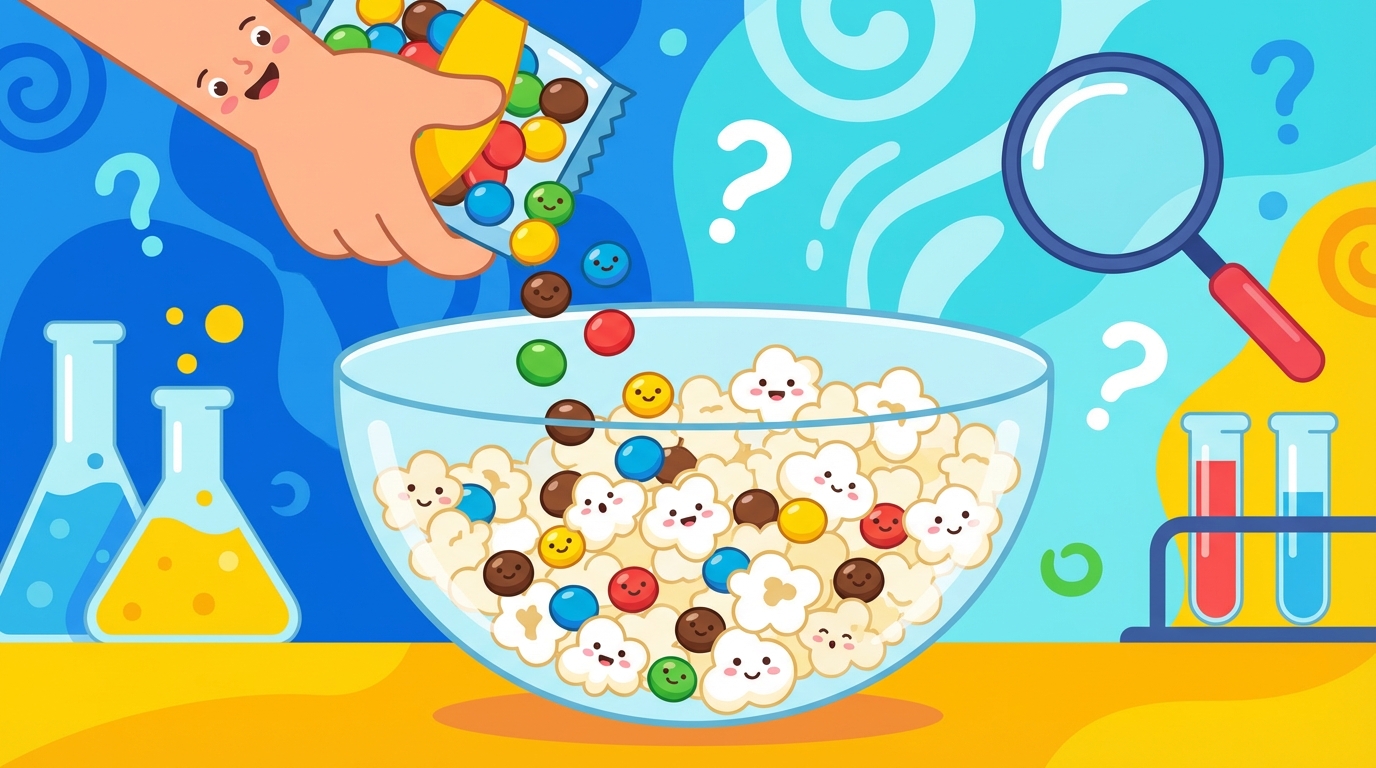 A split educational illustration. Left side: A bowl of trail mix (pretzels, nuts, chocolate) labeled 'Heterogeneous'. Right side: A pitcher of blue sports drink labeled 'Homogeneous'.