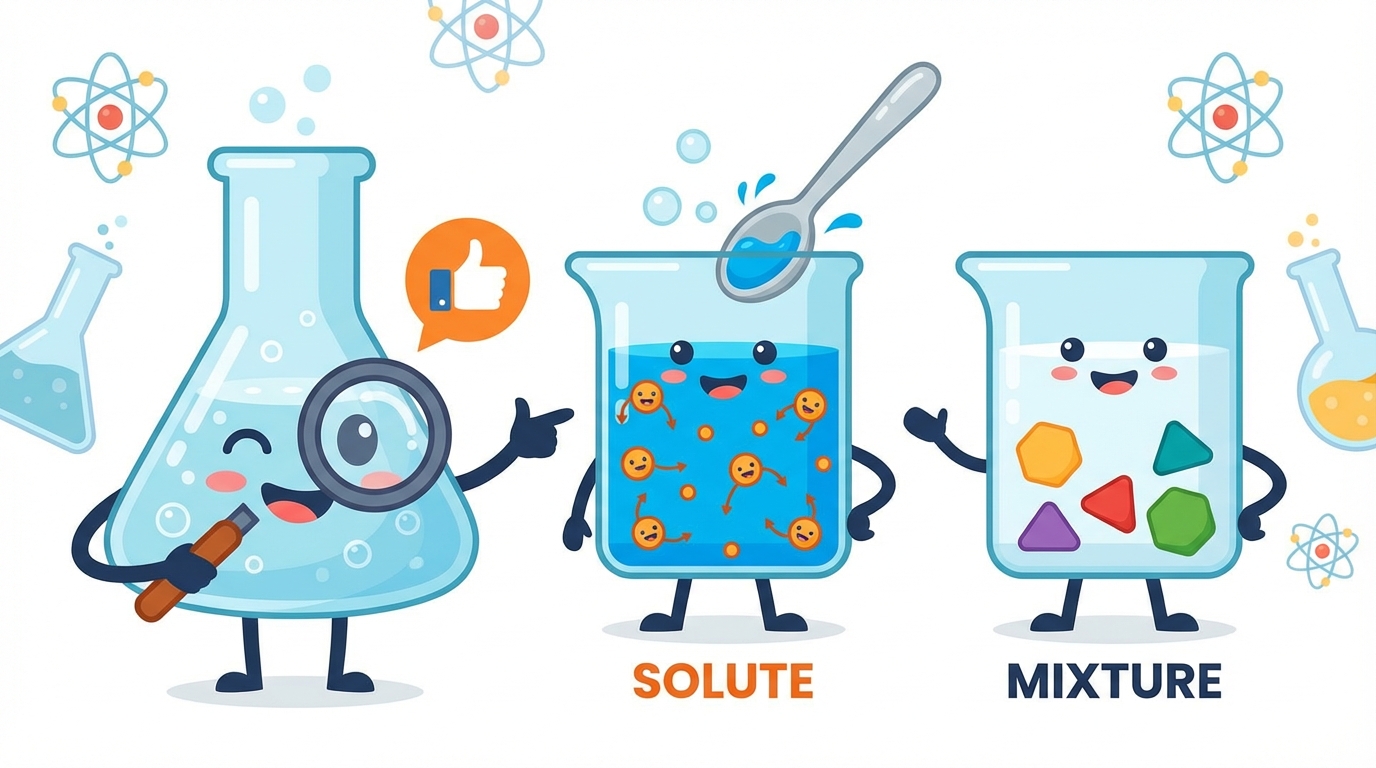A scientific diagram showing three beakers: one with red powder (solute), one with water (solvent), and a third showing them mixed into a clear red liquid (solution).