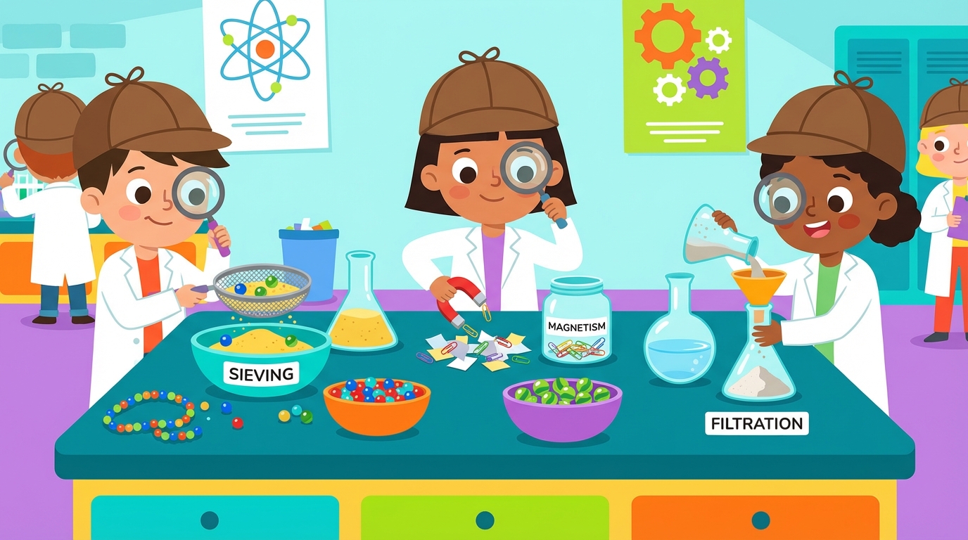A split illustration showing four separation methods: a sieve separating rocks from sand, a magnet pulling iron nails, a coffee filter dripping liquid, and a beaker of water evaporating over heat.