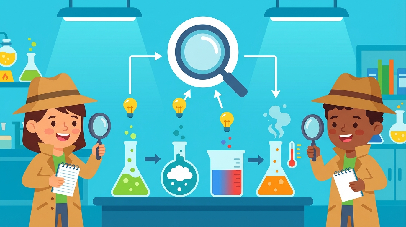 A cartoon scientist holding a magnifying glass looking at a beaker that is bubbling and changing color.