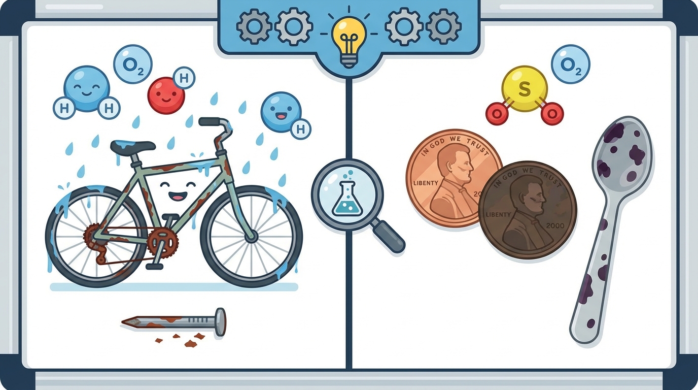 A split educational illustration: on the left, an orange rusty chain link fence; on the right, a silver spoon that is half shiny and half black (tarnished).
