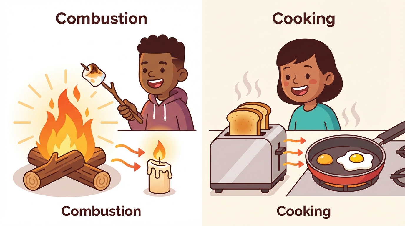 A split illustration showing a campfire burning wood into ash on the left, and a frying pan cooking an egg on the right, highlighting chemical changes.