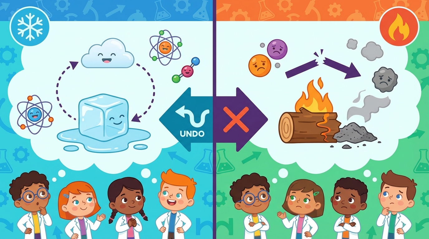 A split illustration showing a melting ice cream cone on the left representing reversible change, and a burning match on the right representing irreversible change.