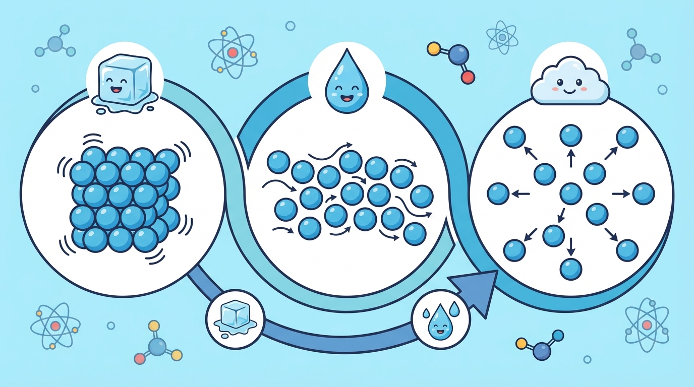 A diagram showing three jars. The first contains ice cubes with tightly packed dots (particles). The second contains water with loosely packed dots. The third contains a cloud of gas with dots spread far apart.