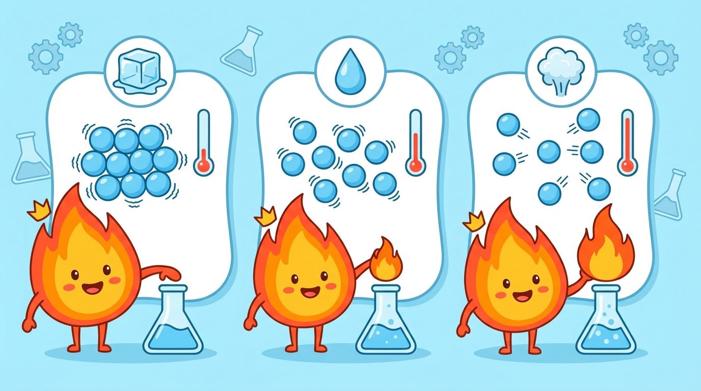 A diagram showing a triangle of states of matter: Ice (solid), Water (liquid), and Steam (gas). Red arrows labeled 'Heat Added' point from solid to liquid to gas. Blue arrows labeled 'Heat Removed' point the reverse direction.