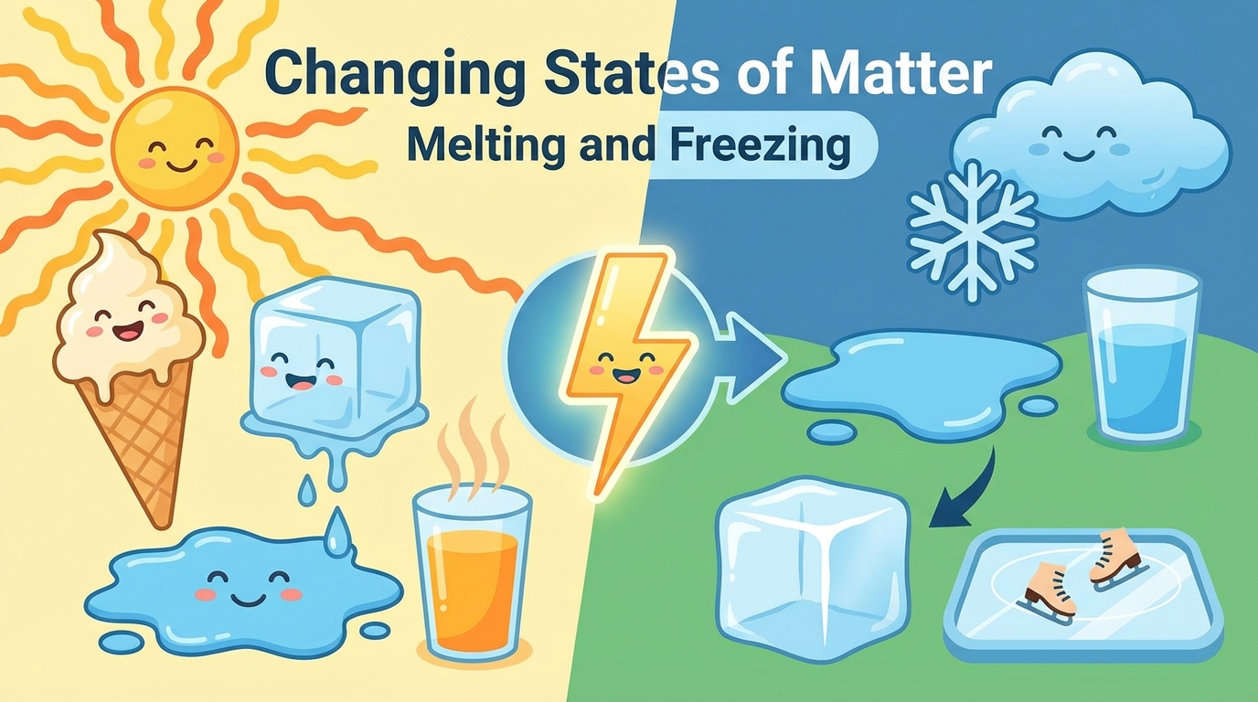 A diagram showing a cycle between an ice cube and a water puddle. A red arrow pointing right says 'Melting (+ Heat)' and a blue arrow pointing left says 'Freezing (- Heat)'.