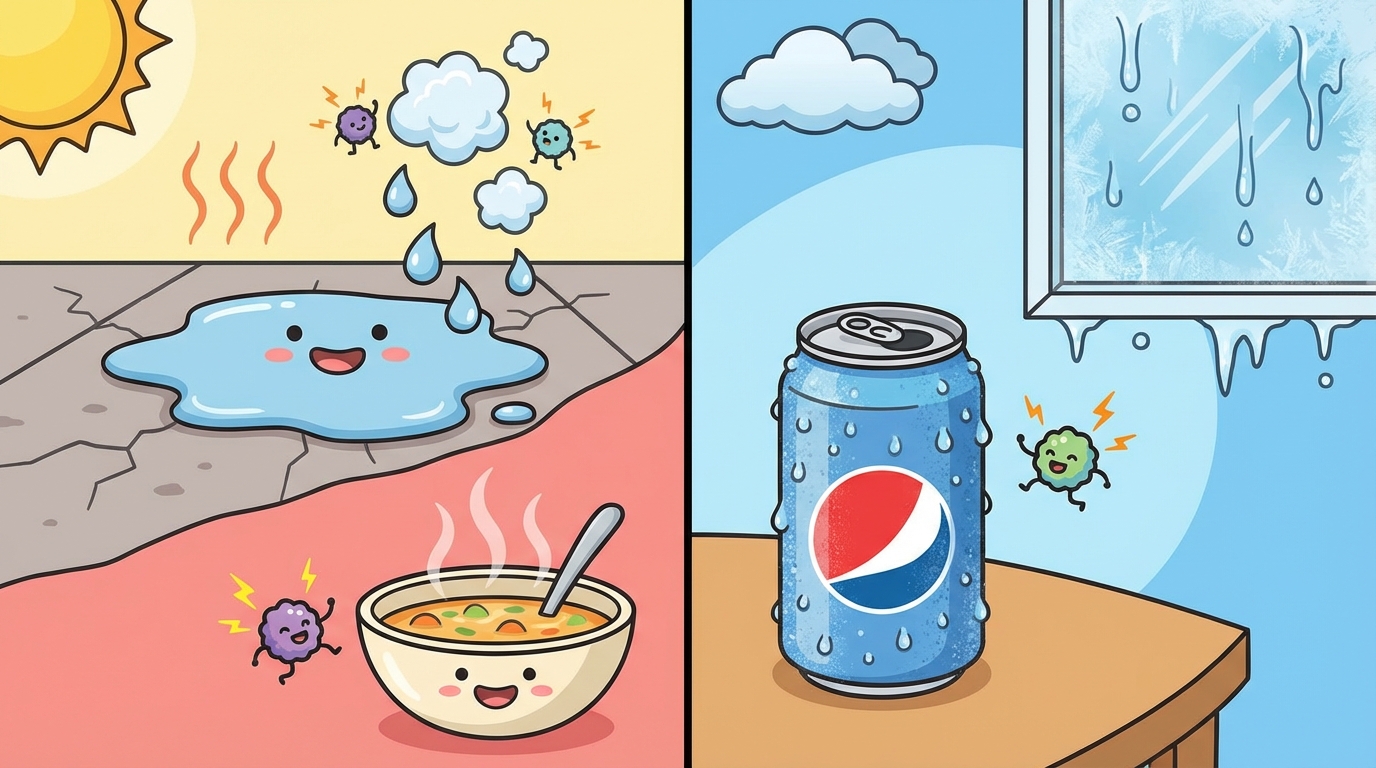 A split illustration showing a boiling kettle producing steam (evaporation) on the left, and a cold glass of lemonade with water droplets forming on the outside (condensation) on the right.