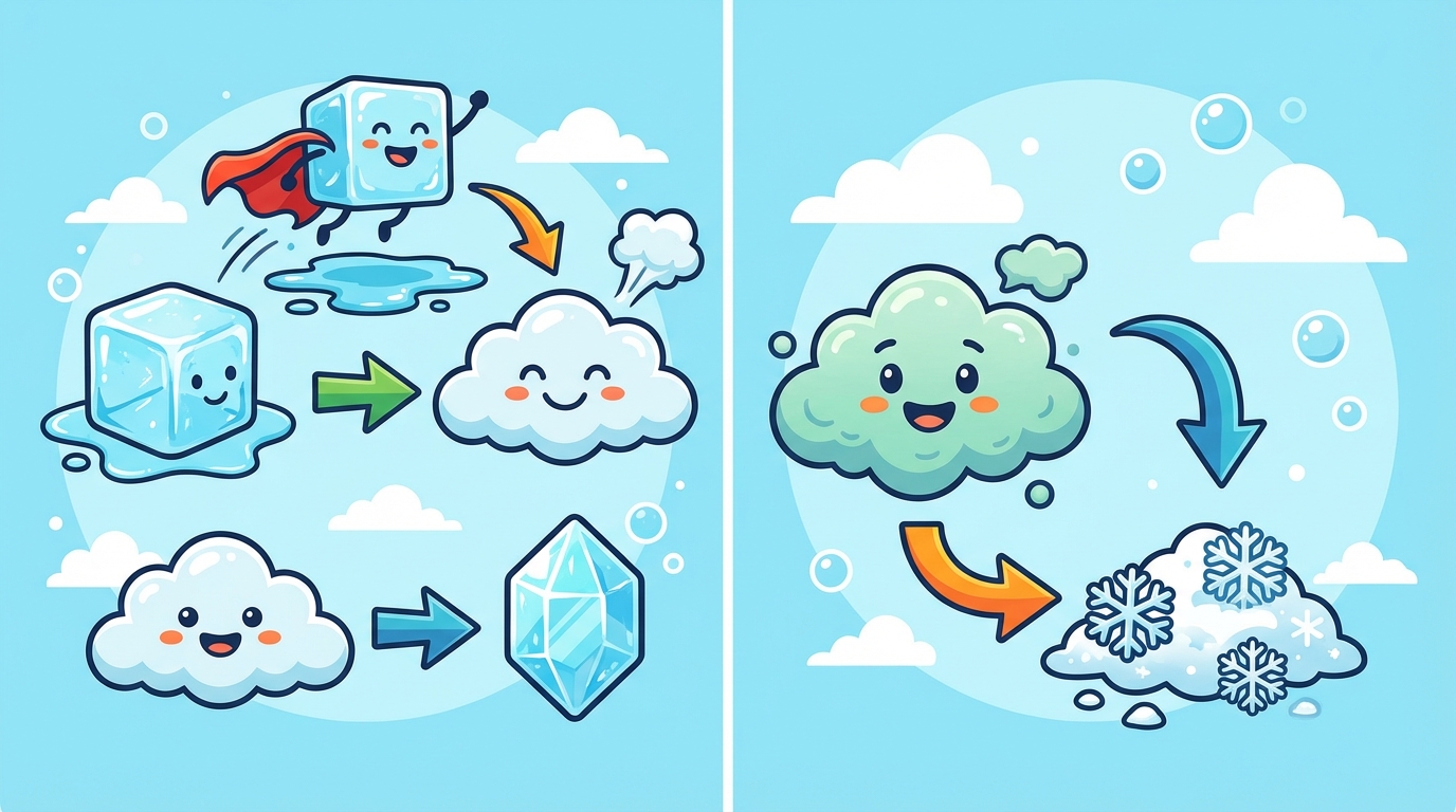 A diagram showing two processes: on the left, a block of dry ice turning into fog (Sublimation), and on the right, water vapor forming ice crystals on a leaf (Deposition).