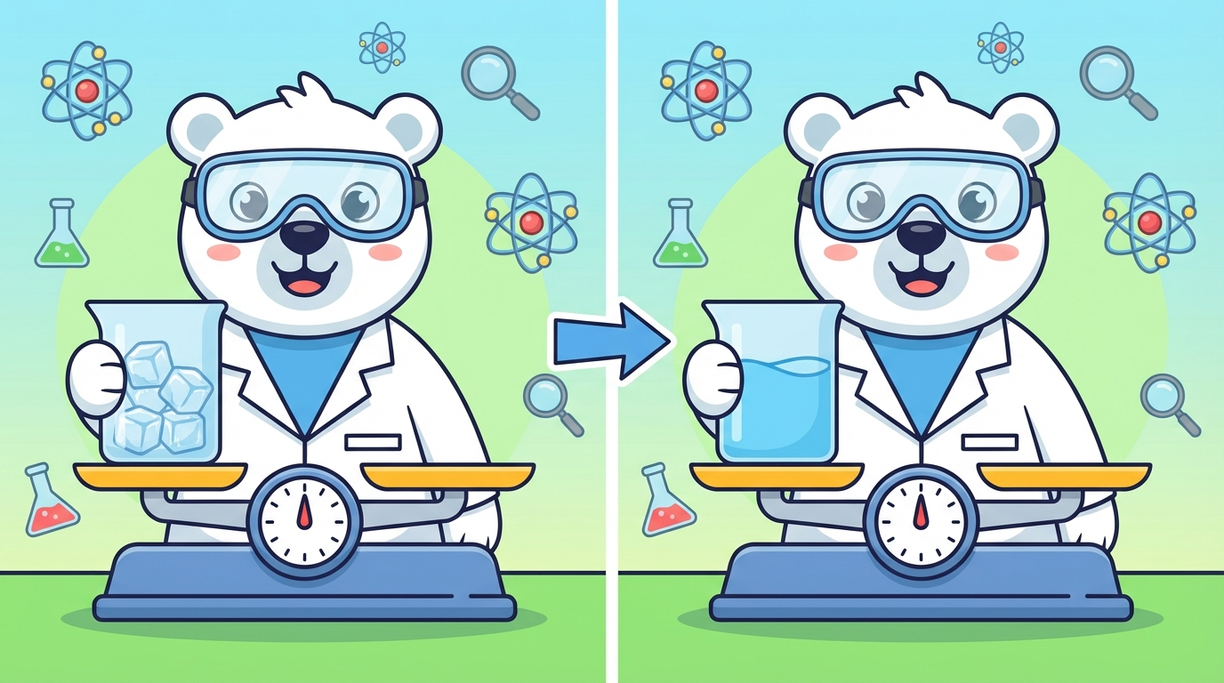 A split illustration showing a balance scale. On the left, a sealed jar with ice cubes weighs 200g. On the right, the same jar with melted water also weighs 200g, showing the scale is perfectly balanced.