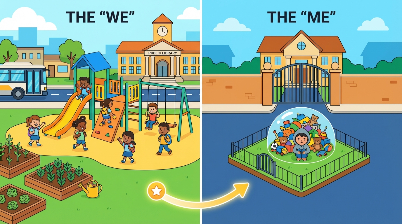 A colorful illustration divided in half: one side shows a child playing alone with a toy (private good), and the other side shows a diverse group of children playing together in a beautiful public park (common good).