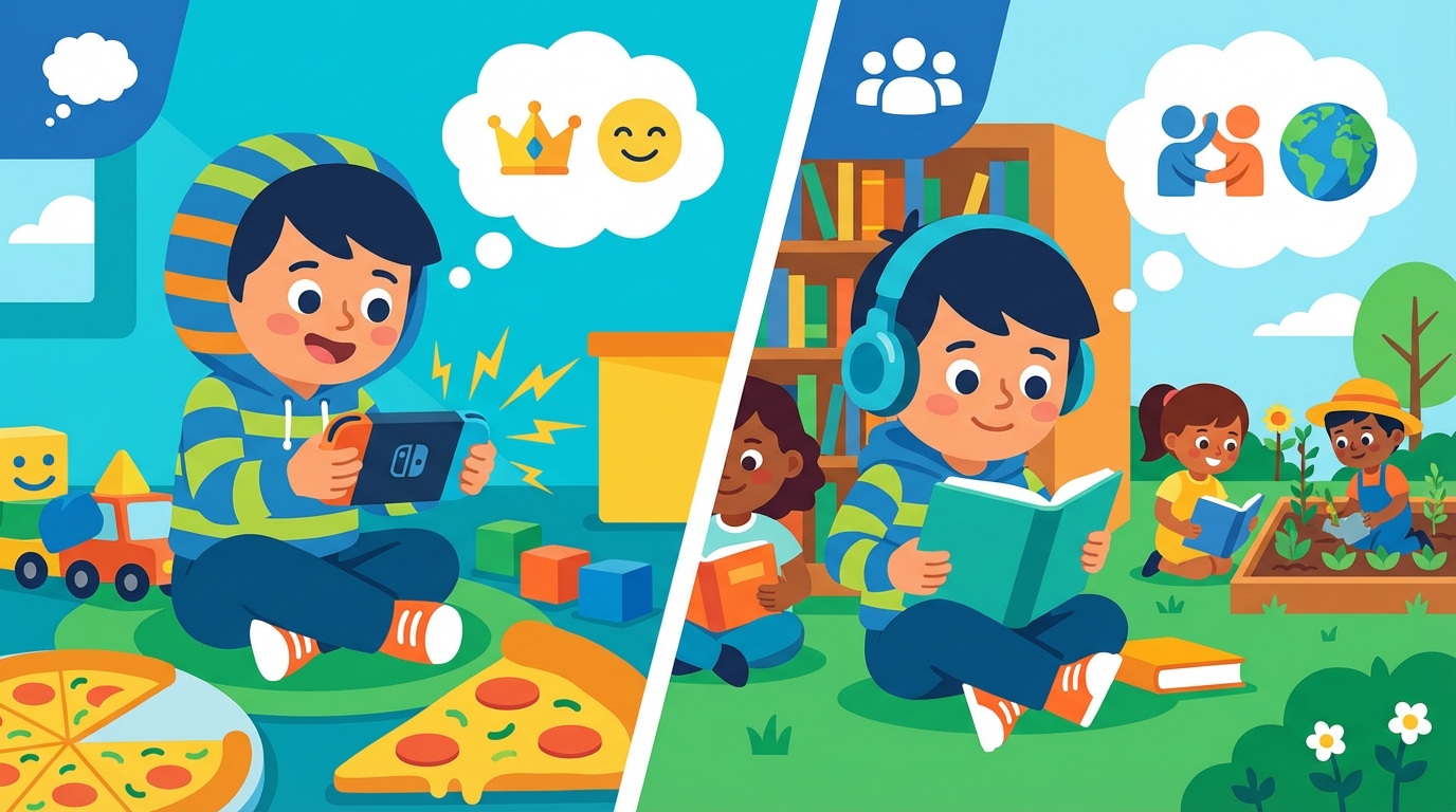 A split illustration showing two sides: on the left, a boy playing loud drums alone and happy; on the right, his neighbors trying to sleep looking unhappy, representing the conflict between individual fun and collective peace.