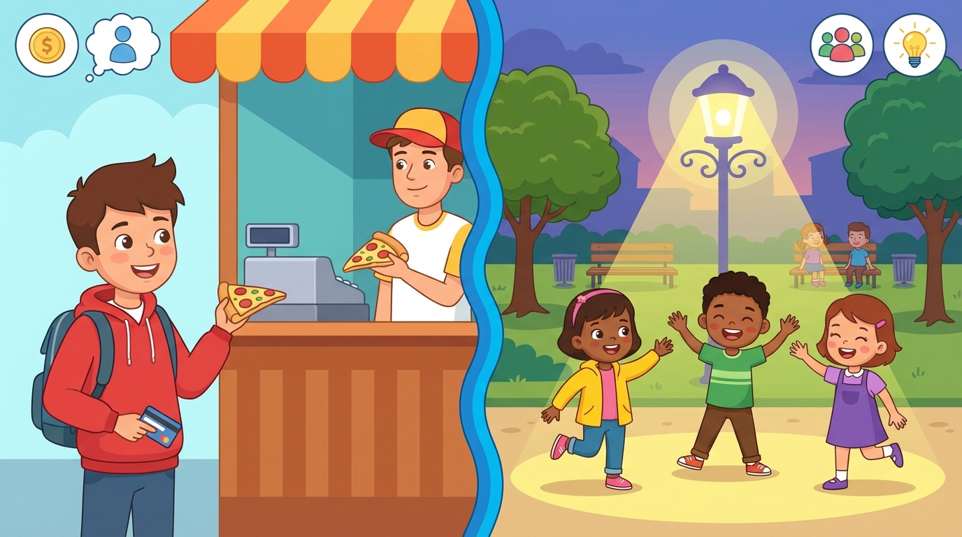 A split illustration showing a child buying an ice cream cone at a shop (Private Good) on the left, and a group of diverse children playing in a public park with street lights (Public Good) on the right.