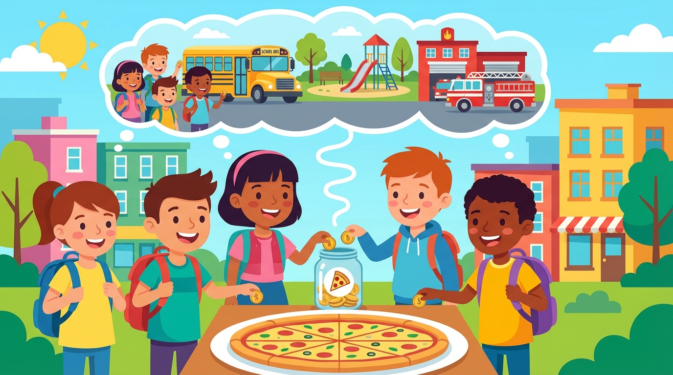 A colorful illustration showing a town with a school, a fire station, and road workers. A large arrow connects a pile of coins labeled 'Taxes' to these buildings, showing how money supports the community.