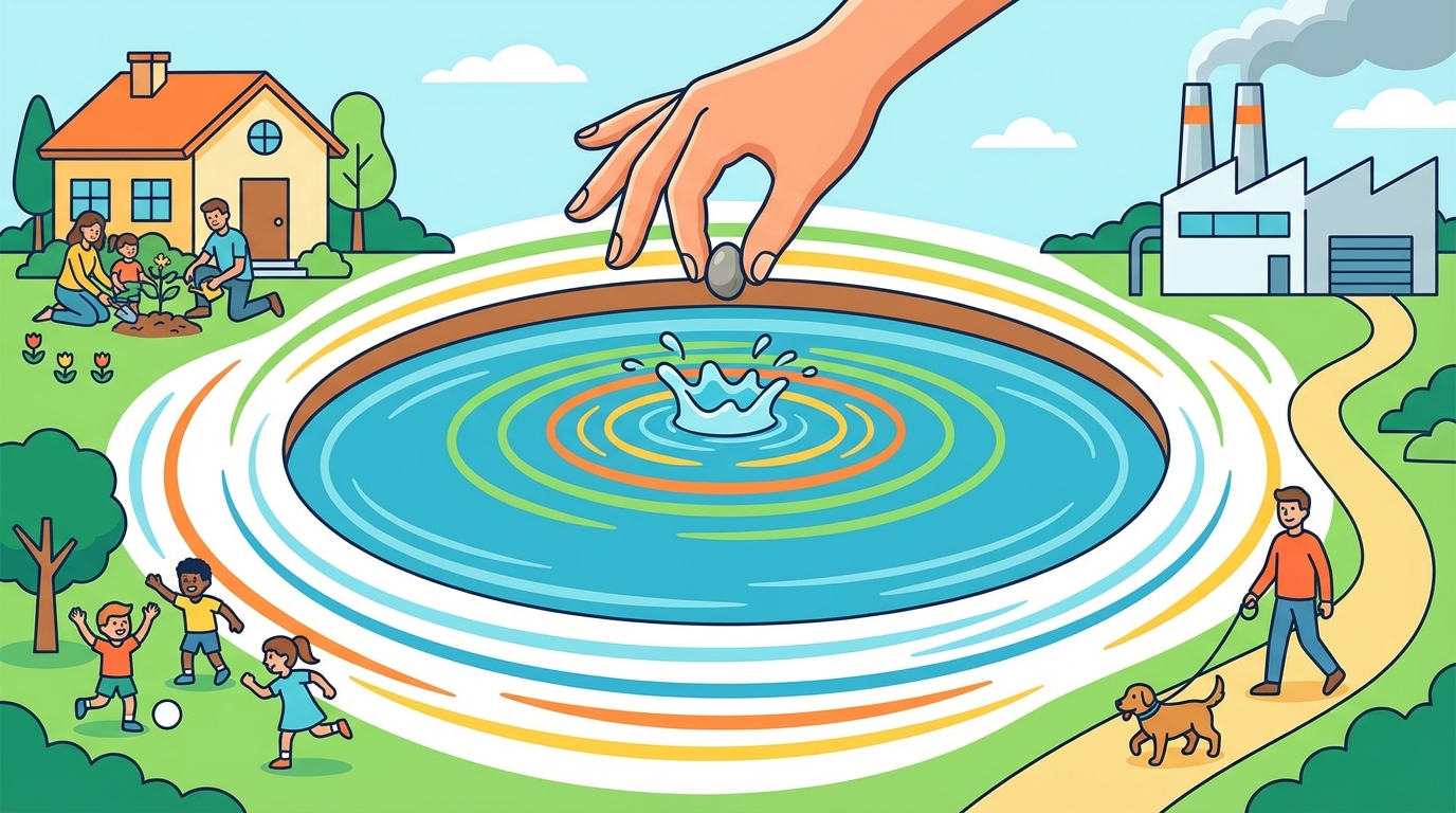 A split illustration showing two houses side-by-side. On the left, a person is playing loud drums at night causing the neighbor to cover their ears (Negative Externality). On the right, a person is watering a beautiful flower garden, making the neighbor smile and smell the flowers (Positive Externality).
