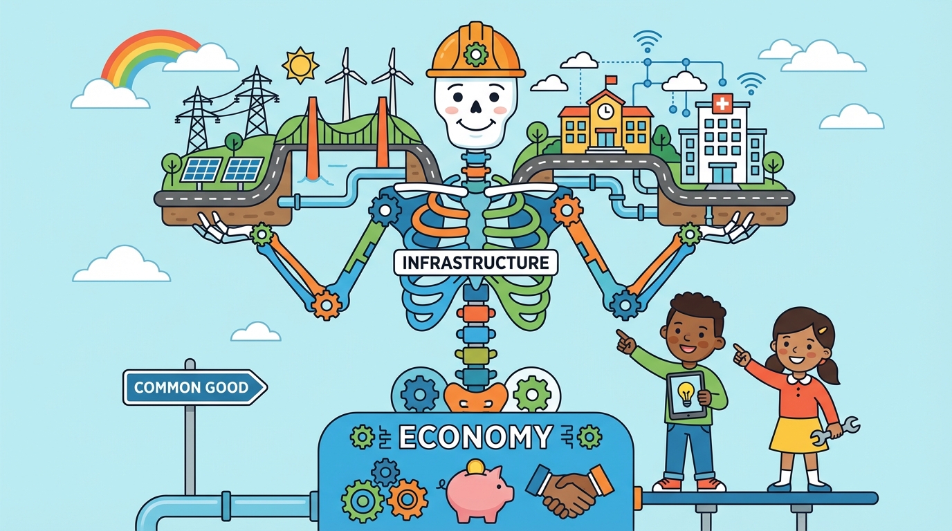 A colorful illustration showing a cross-section of a city: cars driving on roads, water flowing through pipes underground, and power lines connecting to houses.