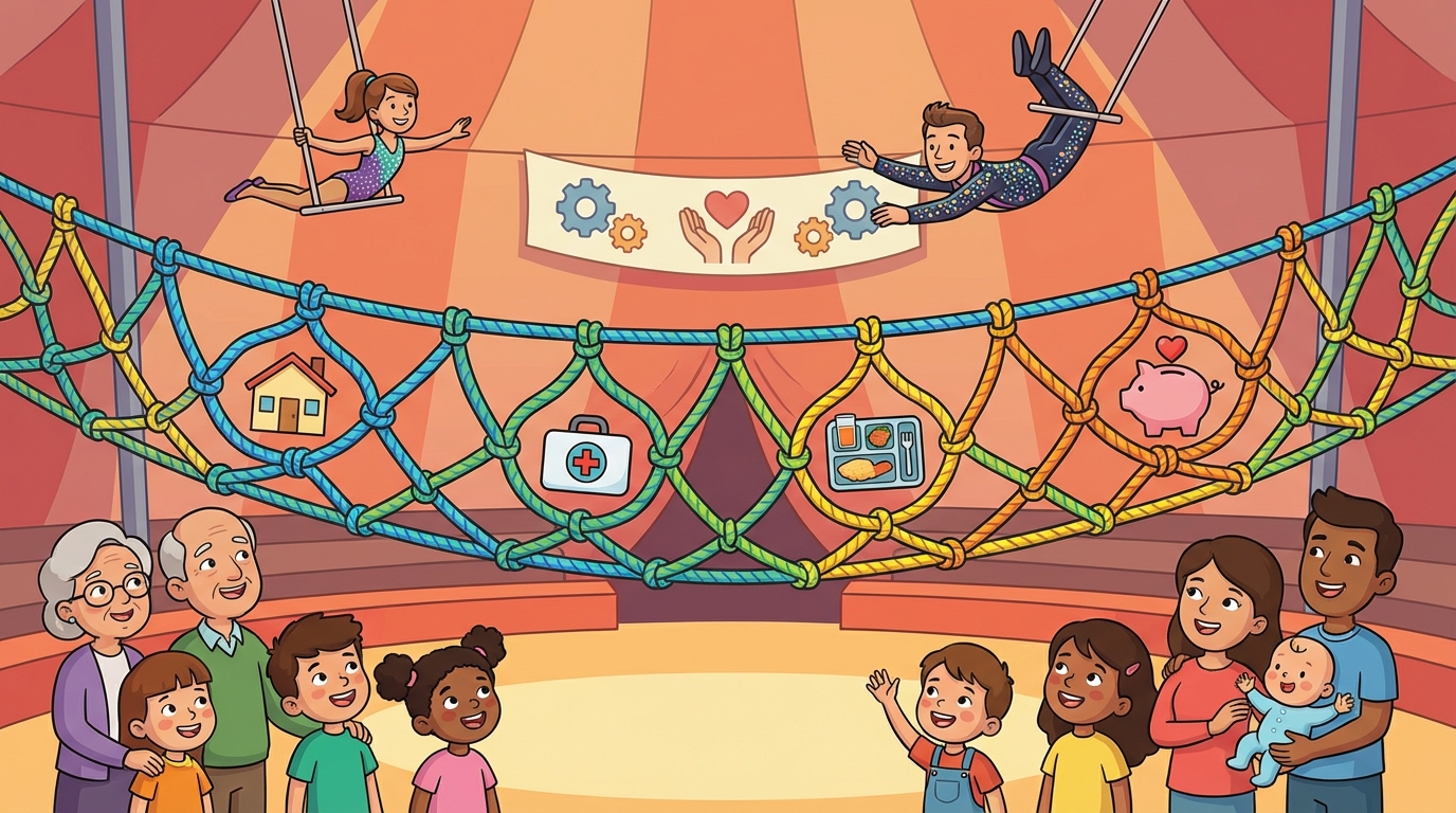 Illustration showing a large woven net held by community members catching a person falling from a broken ladder, symbolizing social support.