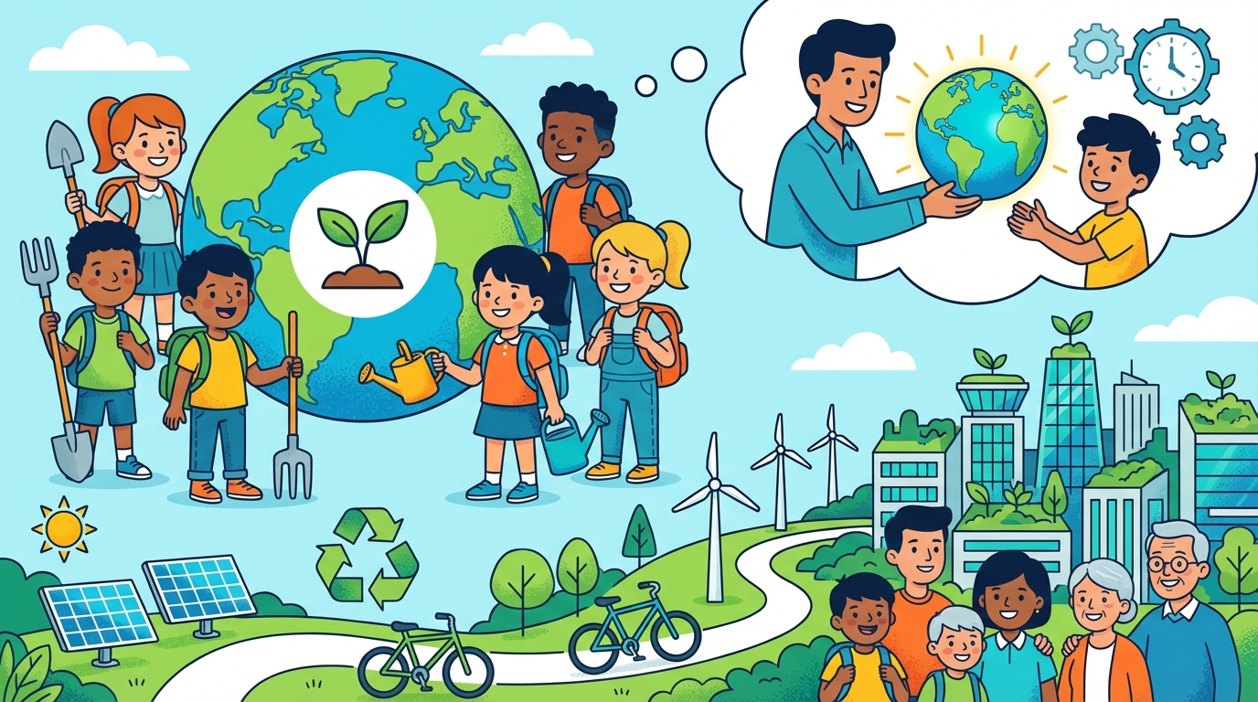 A split illustration showing a sad, barren landscape on one side labeled 'Short-term' and a lush, green city with wind turbines and happy children on the other labeled 'Sustainable Future'.