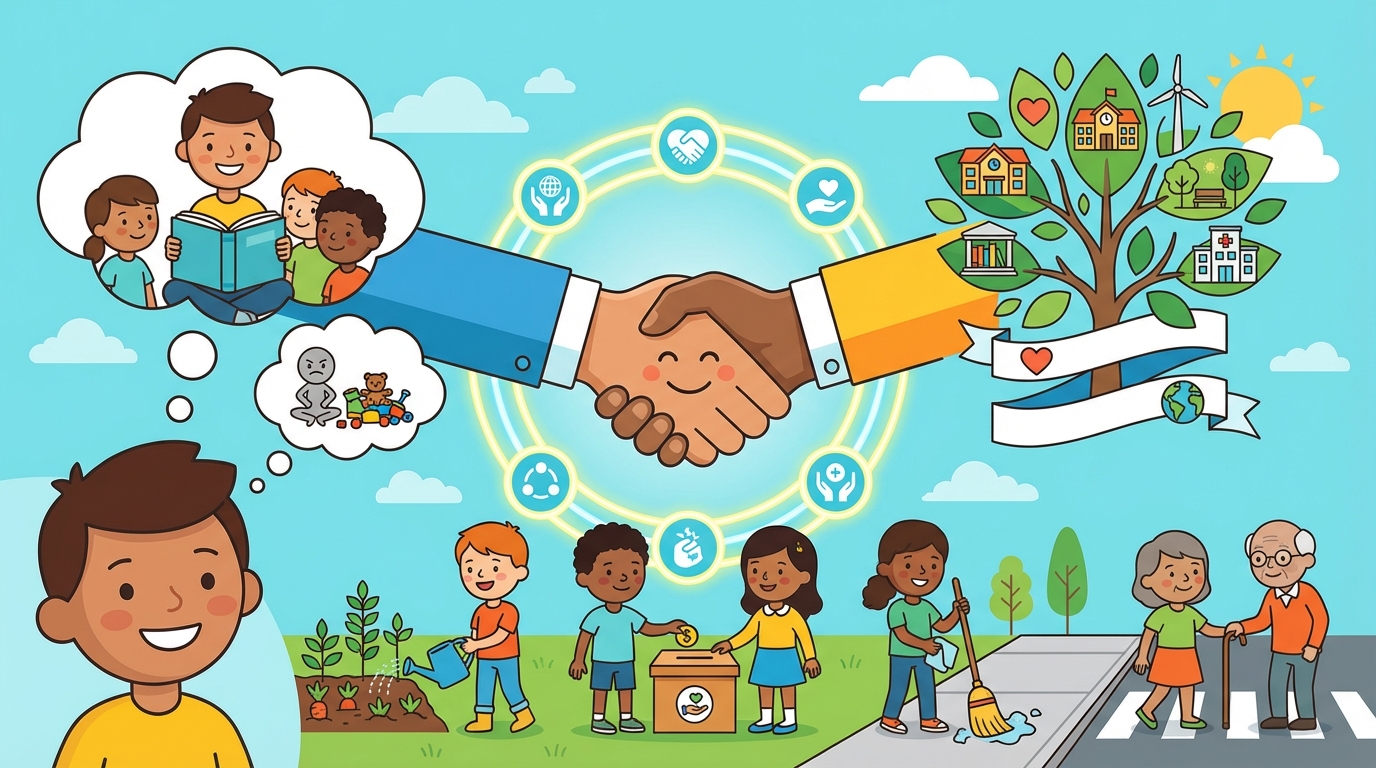 Illustration showing a split scene: on one side a child buying a candy bar (private good), and on the other side a group of diverse children planting flowers in a public park (common good).