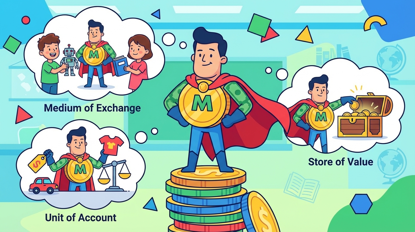 Cartoon illustration showing a dollar bill transforming into a shaking hand (exchange), a price tag (unit of account), and a piggy bank (store of value).