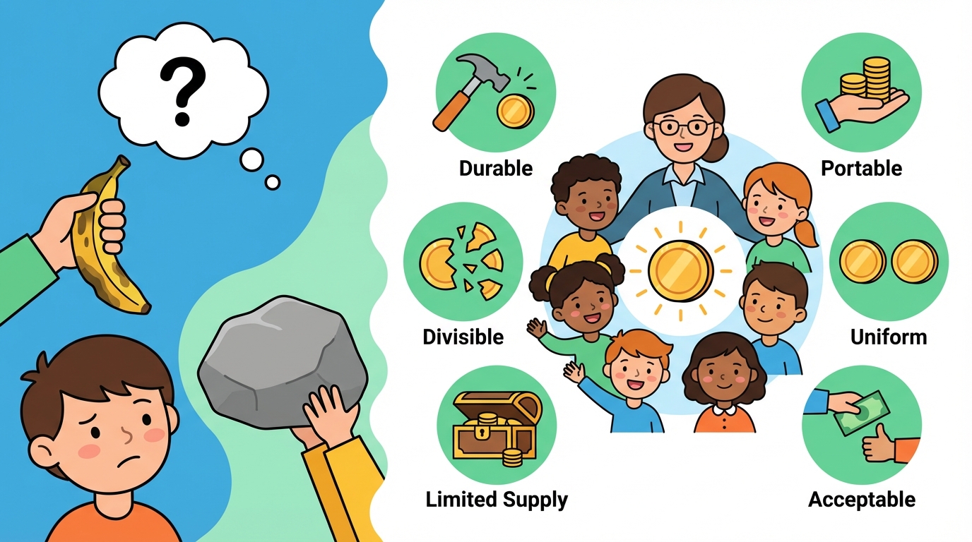 A colorful educational infographic showing six icons arranged in a circle: a shield (Durability), a backpack (Portability), a pizza slice being cut (Divisibility), two identical coins (Uniformity), a diamond (Limited Supply), and a handshake (Acceptability).