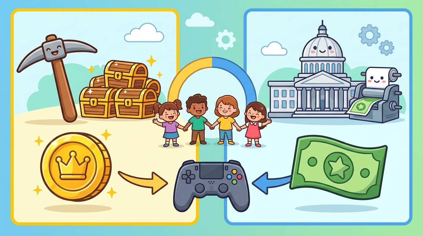 A split illustration showing a balance scale. On the left side is a pile of gold nuggets (Commodity Money), and on the right side is a stack of paper bills (Fiat Money), showing they balance in value despite being different materials.