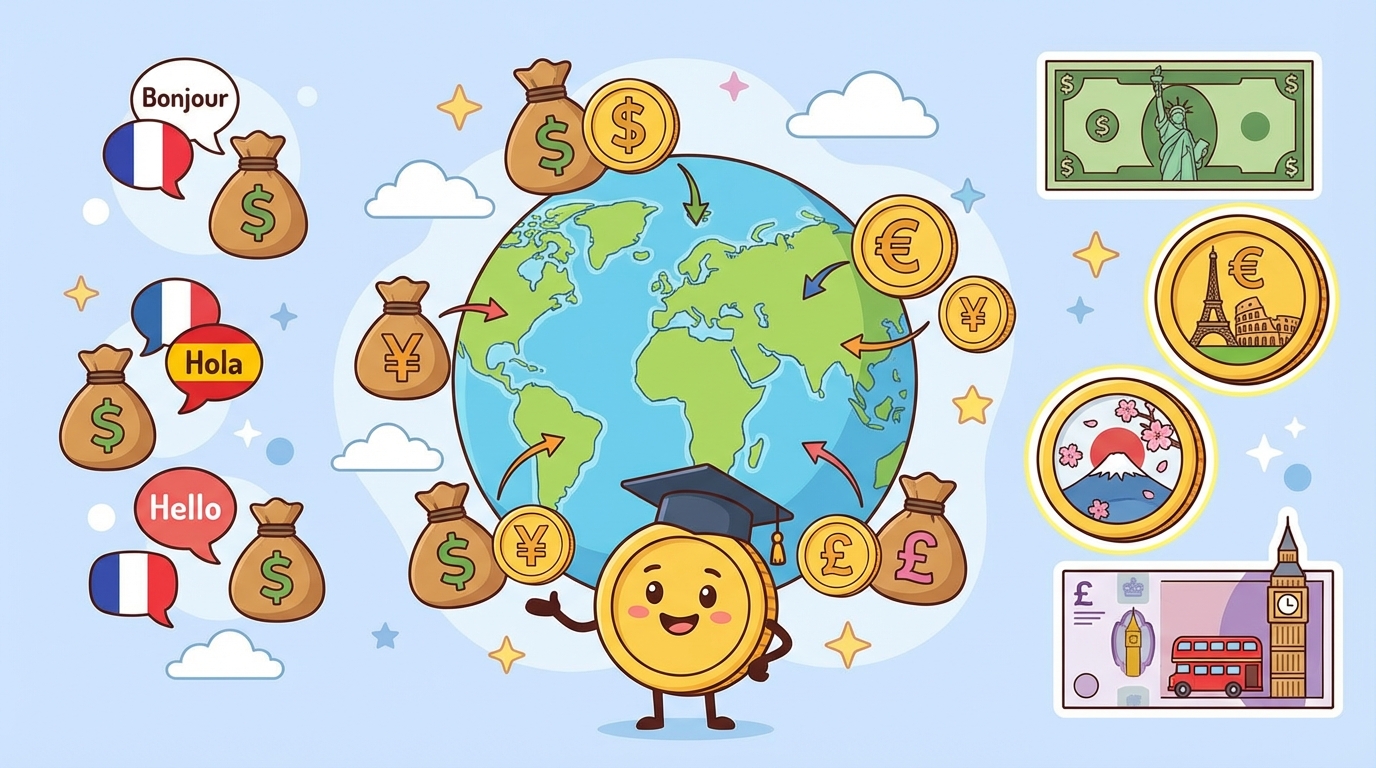 A cartoon illustration of a globe with four large coins orbiting it: a US Dollar, a Euro, a Japanese Yen, and a British Pound, set against a bright blue background.