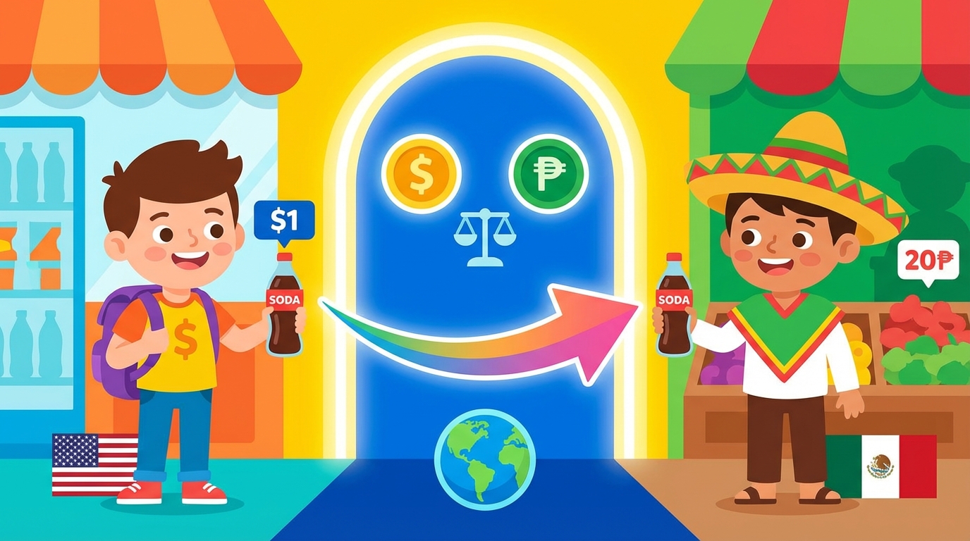 A cartoon illustration showing a currency exchange booth at an airport with flags of different countries and a digital board showing numbers.