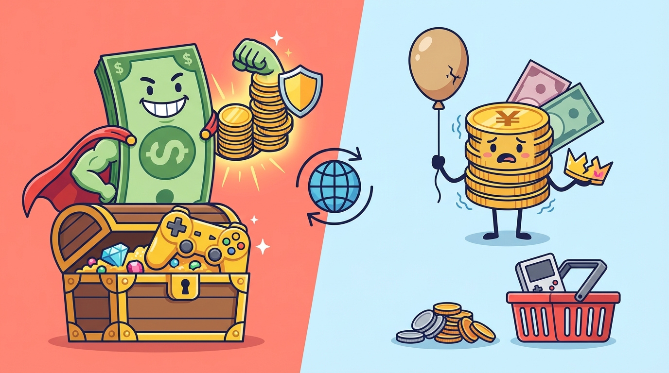 A balanced scale illustration showing a heavy gold coin on one side lifting up a pile of paper bills on the other side, representing currency value comparison.