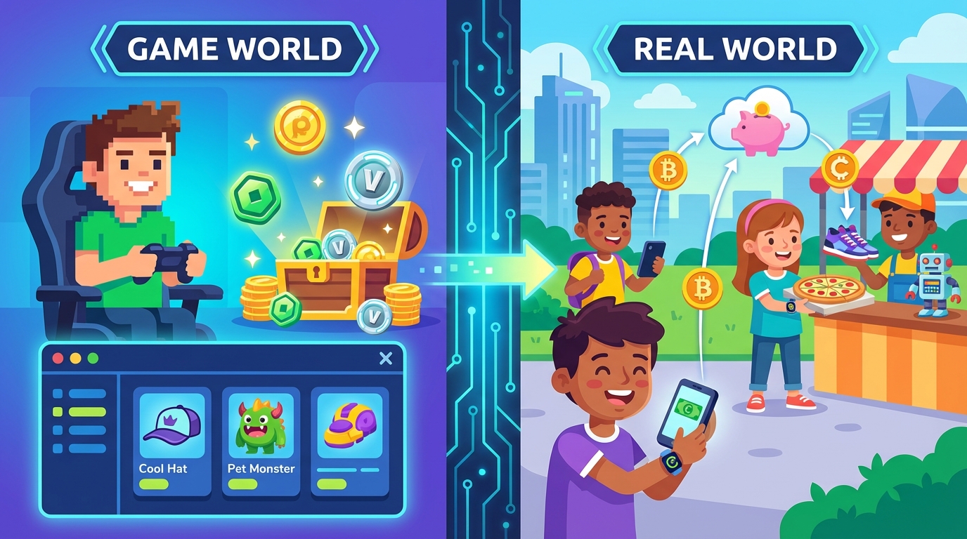 Illustration showing a glowing digital coin connected by lines to a global network of computers, contrasted with a traditional piggy bank.