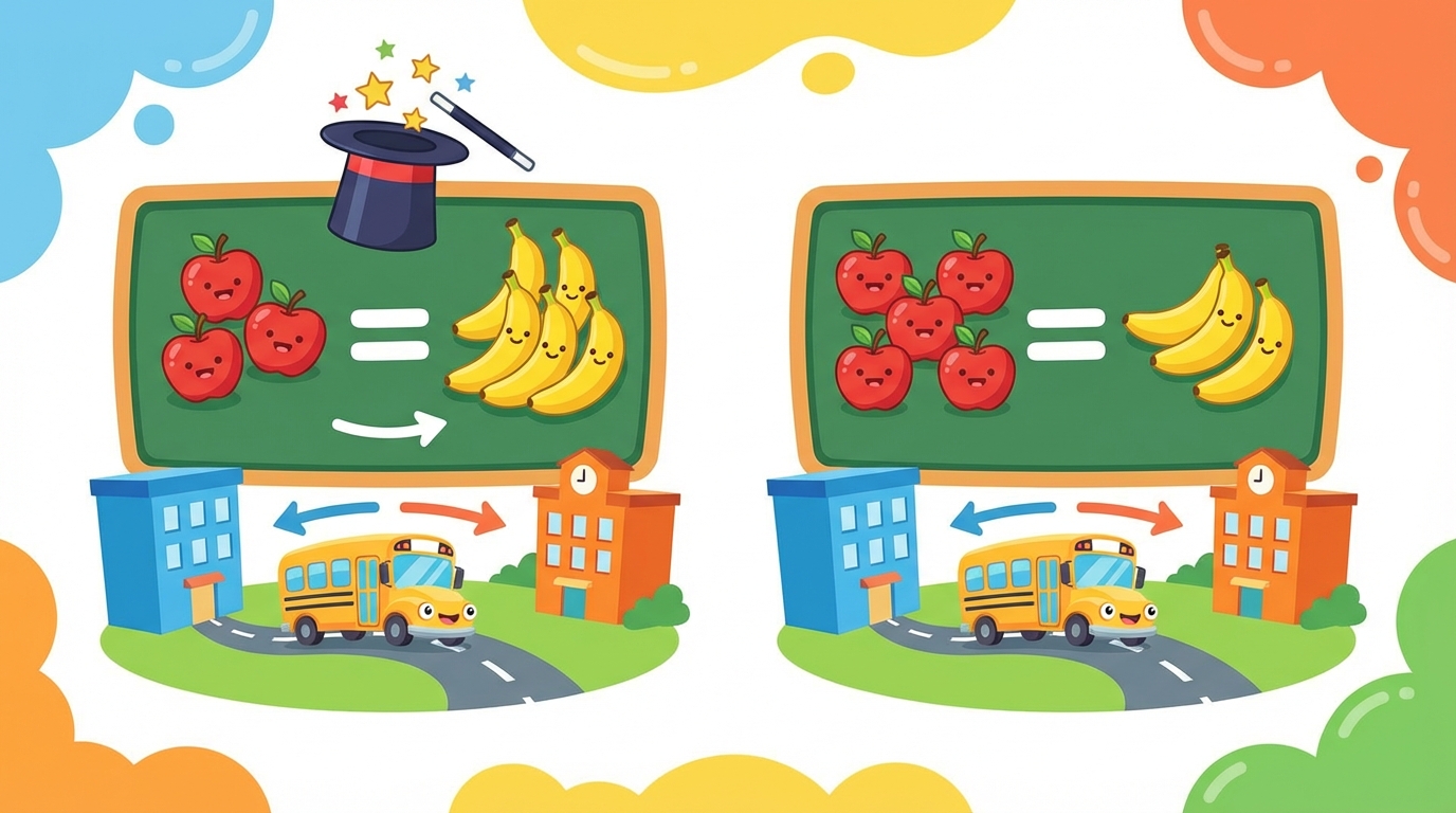 A split illustration showing two scenarios. Left side: A blue monster giving a red monster an apple. Right side: The red monster giving the blue monster an apple. An equals sign (=) is between them, showing the result is the same.