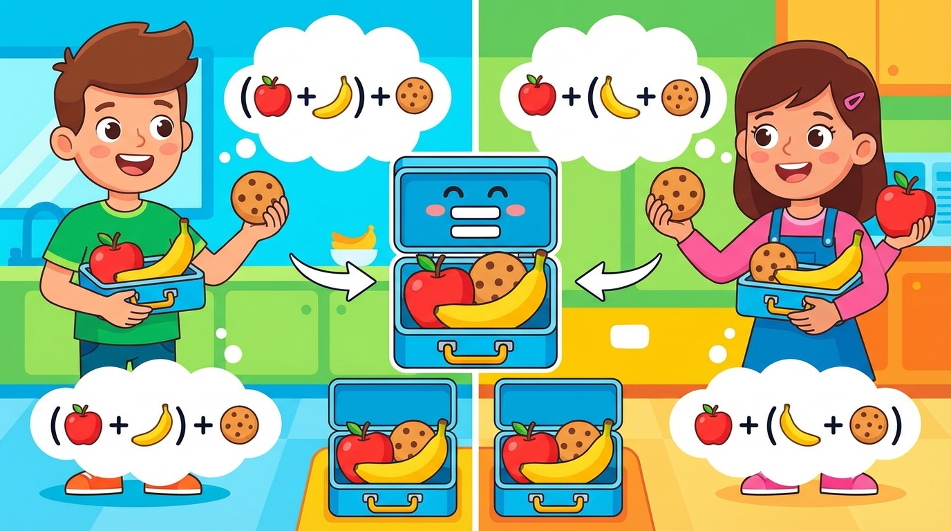 Illustration comparing two groups of fruit. Left side: (Apple + Banana) grouped, then Cookie. Right side: Apple, then (Banana + Cookie) grouped. An equal sign is between them.