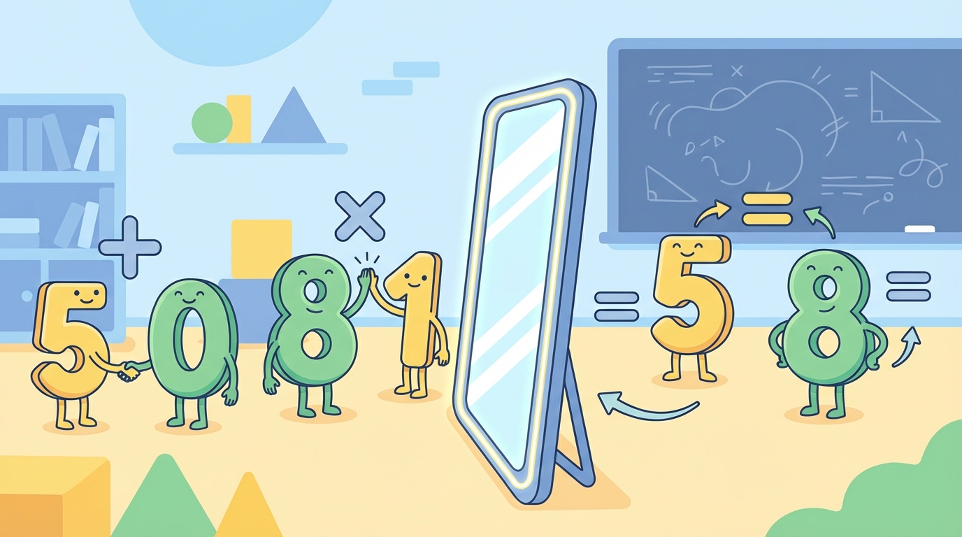 A cartoon illustration showing a number '5' looking into a mirror. The reflection shows the same '5', representing the Identity Property. One side has a '+ 0' sign and the other has a 'x 1' sign.