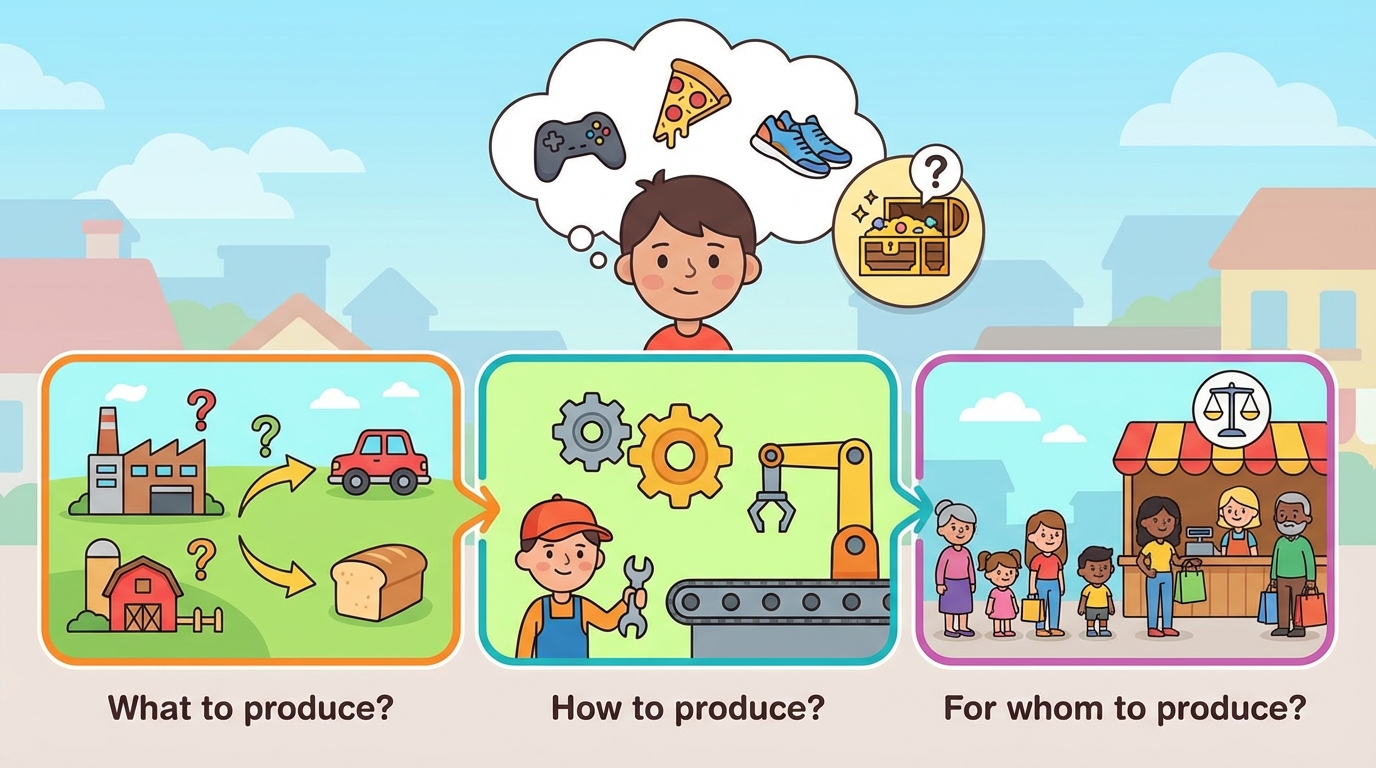 Illustration showing three diverging paths labeled 'What', 'How', and 'For Whom', leading to different economic outcomes like factories, stores, and homes.