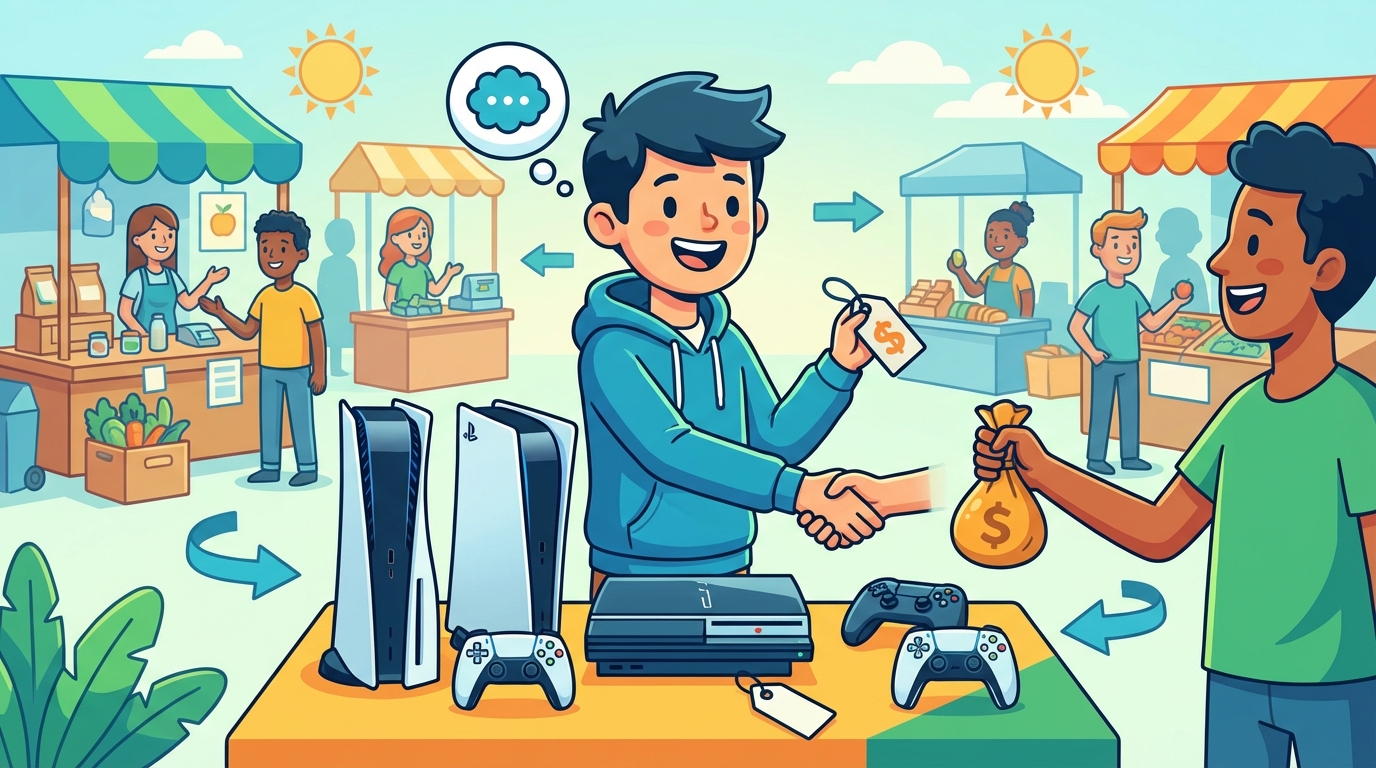 A colorful illustration showing a busy street market with two lemonade stands competing for customers, with happy children buying drinks.