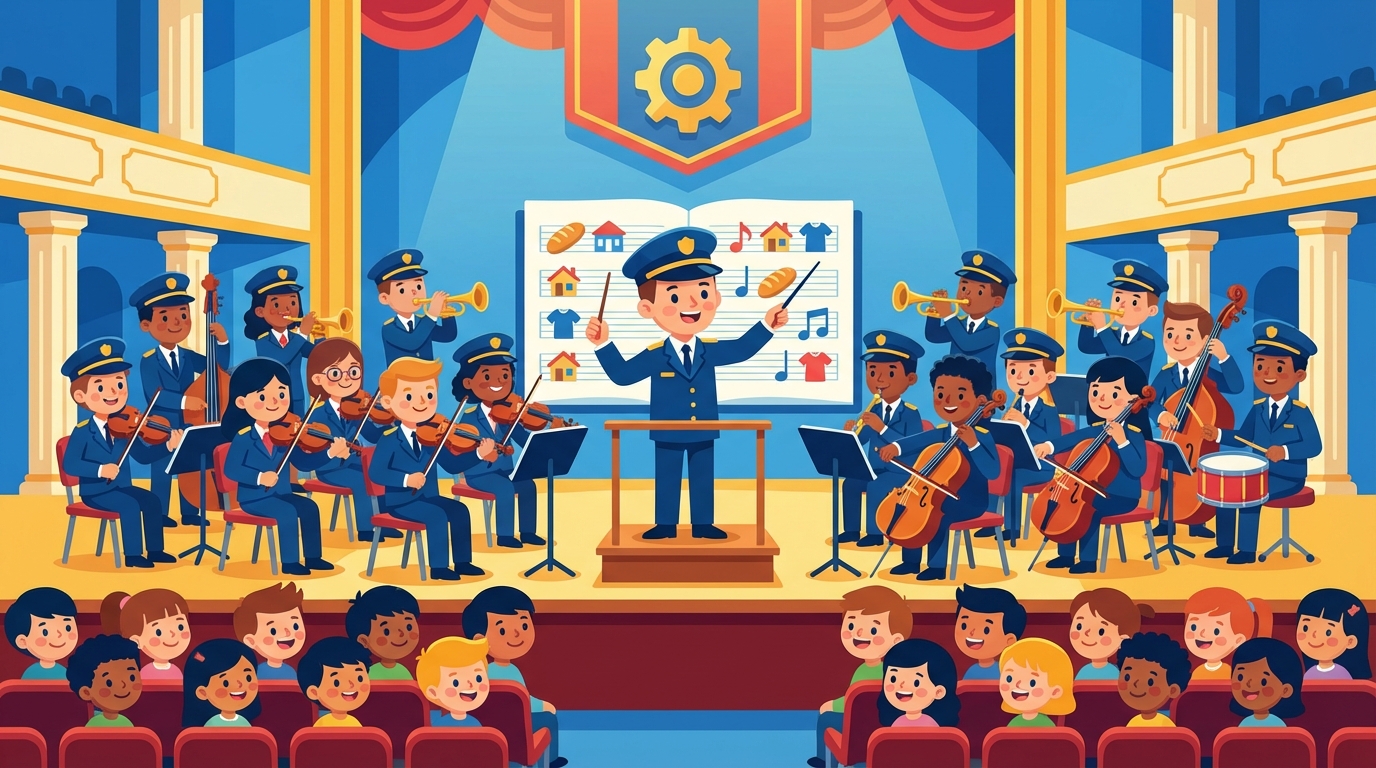 Cartoon illustration of a friendly government official holding a clipboard, directing trucks delivering supplies to a hospital and a school equally.