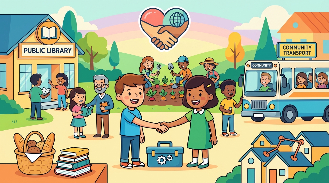 A colorful illustration of a diverse group of neighbors working together in a community garden, sharing tools and putting vegetables into a large shared basket.
