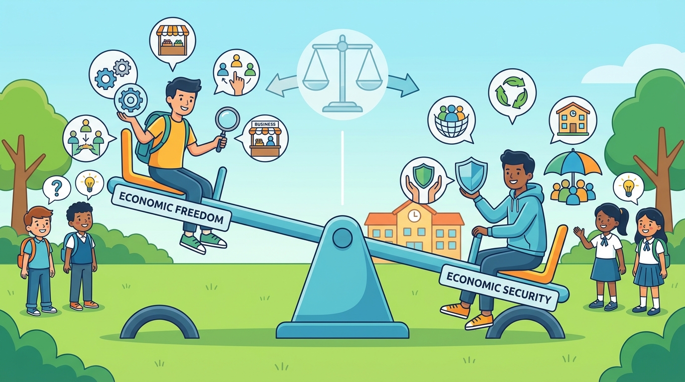 A cartoon illustration of a scale balancing a bag of money representing freedom on one side and a shield representing security on the other.